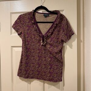 Ralph Lauren Purple Paisley Blouse Women’s M | 100% Cotton Tie Front Ruffle